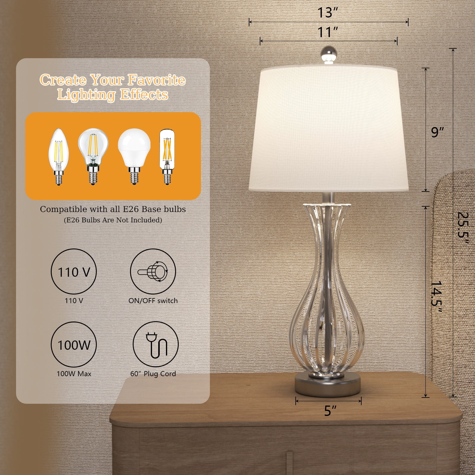 Maxax Coastal Glass Table Lamps Set of 2, Modern 25.5" Clear Glass Bedside Lamps with White Shade for Bedroom Living Room