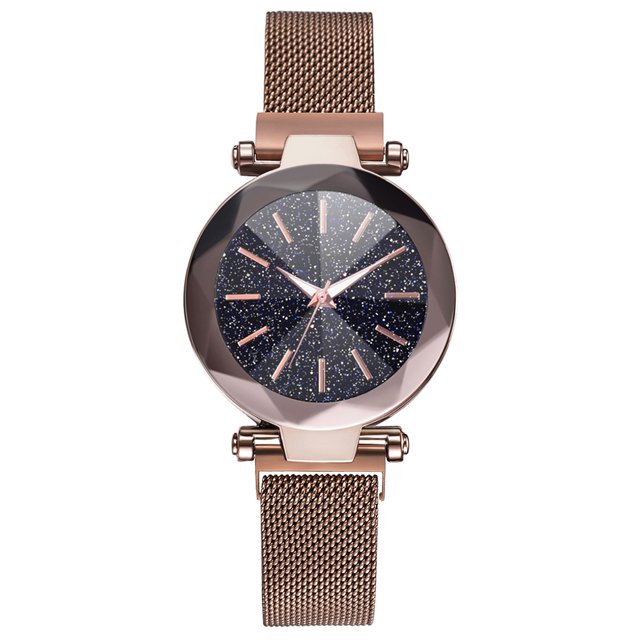 Reloj de pulsera de cuarzo para mujer a la moda, botón magnético, correa de malla, reloj de pulsera con esfera redonda de aleación (café)
