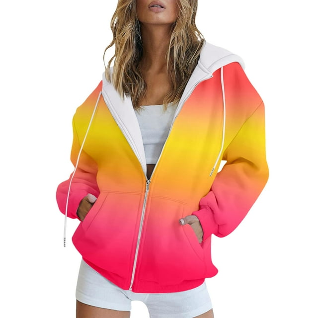 Women Casual Fashion Hooded Drawstring Colorful Printed Zipper Jacket with Pockets and Sweatshirt Style