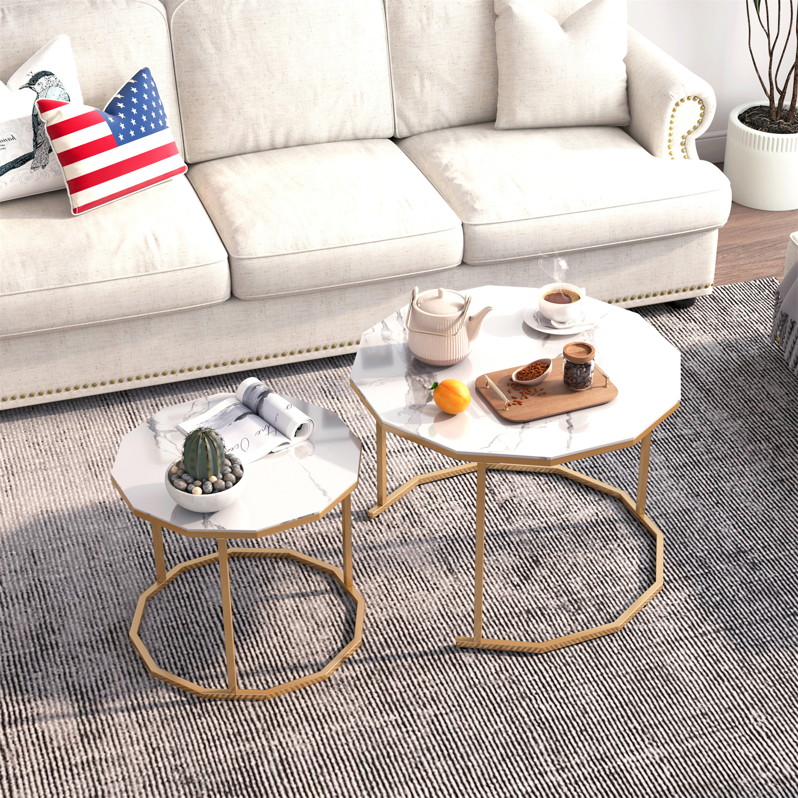 Marble Nesting Table Set of 2, 12gon Shape Coffee Table End table Set with White Top and Gold