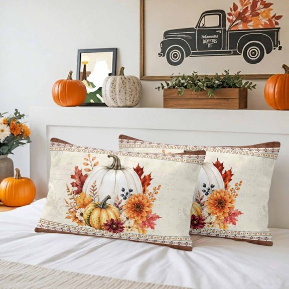 Thanksgiving White Pumpkins Waterproof Throw Pillow Covers Set of 2 Warm Flowers Maple Leaves Outdoor Cushion Cover Pillow Protector Decorative Pillowcases for Bed Sofa Couch,20x12in