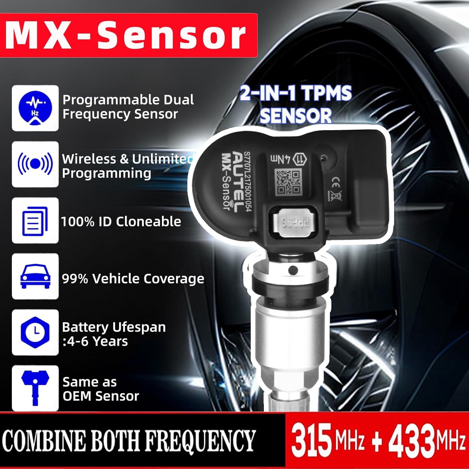 Autel MaxiTPMS MX Sensor 4pcs Metal Stem TPMS Sensor 315MHz/433MHz Universal Tire Replacement Sensor Work With TS401 TS408 TS501 TS508 TS601 TS608 MK808TS MX808TS MS906TS ITS600