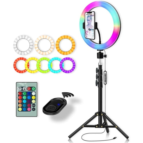 14" RGB Led Ring Light Kit with Tripod Stand & Phone Holder, 26 Colors RGB Lighting Scenes Dimmable Selfie for TikTok/YouTube/Live Stream/Makeup/Photography - with remote control