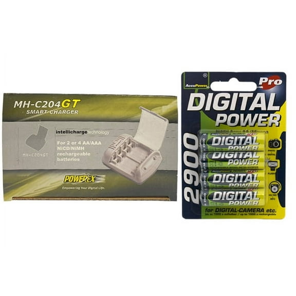 Powerex MH-C204GT AA / AAA Smart Battery Charger & 4 AA NiMH AccuPower Rechargeable Batteries (2900 mAh)