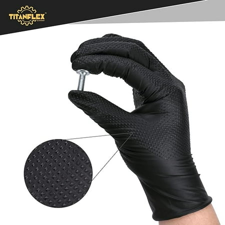 TitanFlex ThorGrip Heavy Duty Black Industrial Nitrile Gloves, 8-mil, XL, Box of 100, Latex Free, Raised Diamond Texture, Powder Free, Food Safe, Rubber Gloves, Mechanic Gloves