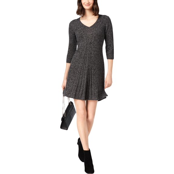 NY Collection Womens Petites Cable Knit A-Line Sweaterdress Gray PM