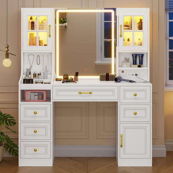 AMUZER White Vanity Desk with Touch Screen Mirror and Lights, Large Makeup Vanity with Light Cabinets and 6 Drawers, 5 Jewelry Hooks, Vanity Table with Lighted Mirror & Charging Station