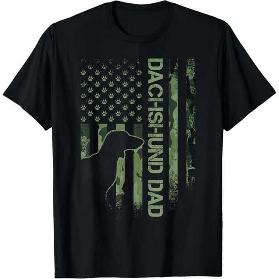 Vintage USA Camo Flag Proud Dachshund Dad Wiener Silhouette T-Shirt