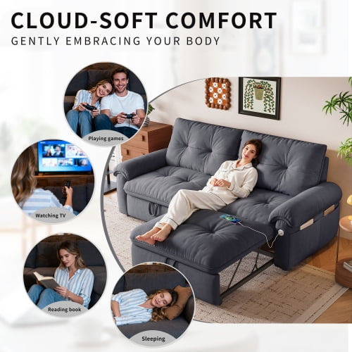 77" 2-in-1 Convertible Sofa Bed, Cloud-Like Velvet Loveseat with Pull-Out Bed, Ideal for Living Room, Bedroom, Apartment, Grey