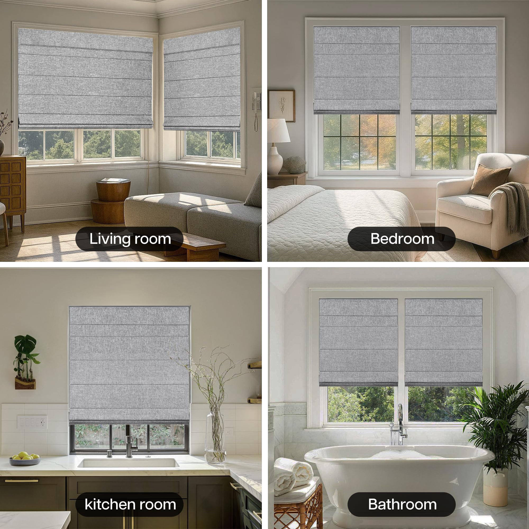 LazBlinds No Tools No Drill Cordless Roman Shades for Windows, Blackout Thermal Insulated UV Blocking Window Blinds, Lightweight Fabric Blinds for Indoor Windows, 24" W x 60" H, Blackout - Grey