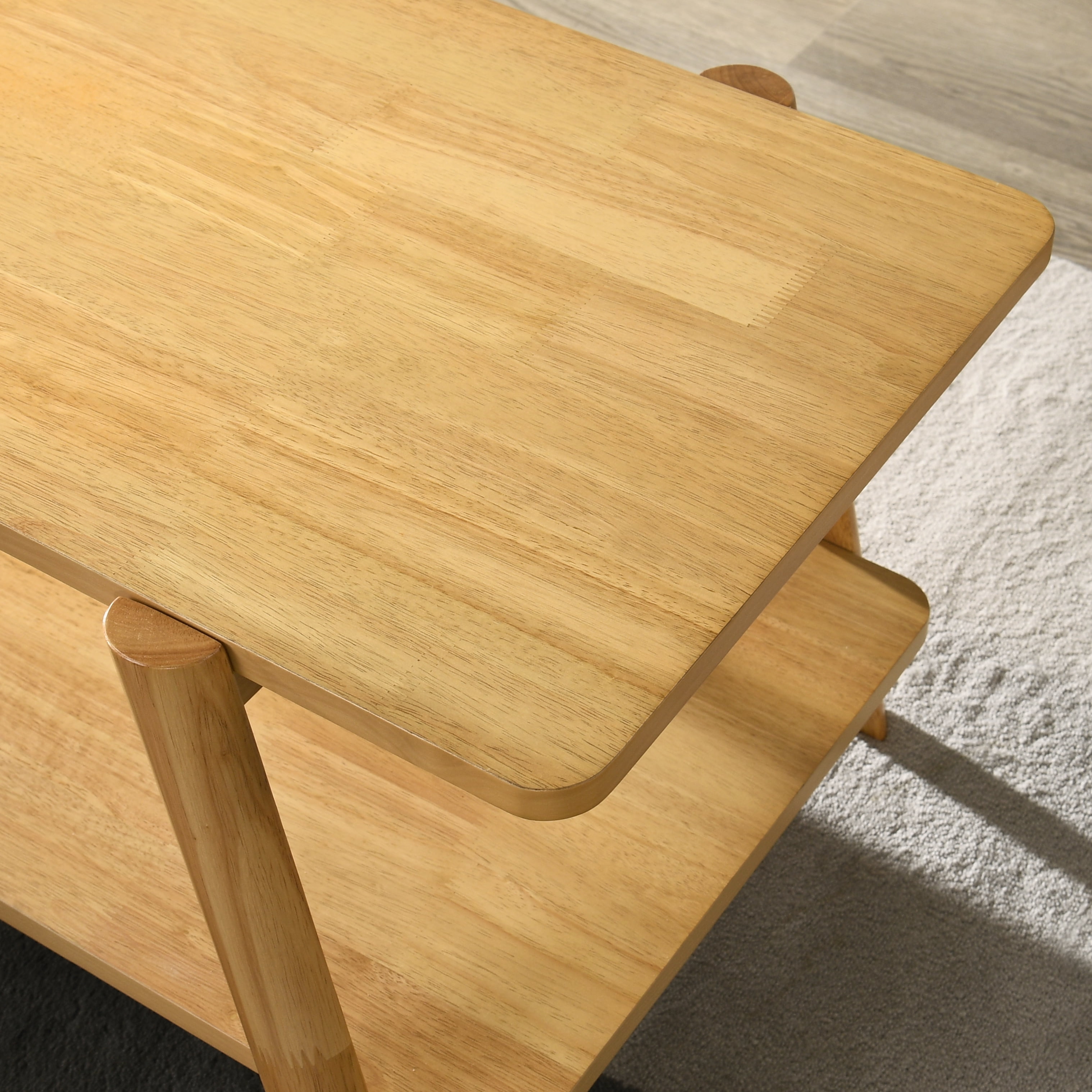 Mid‑Century Modern Natural Oak Finish Wood Shelf End Table, Sculptural Curved Side Table Nightstand with Under‑Table Storage Shelf