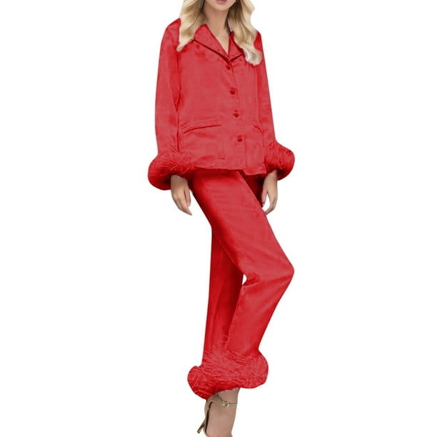 Gibobby Pijama mujerde de algodón Traje de dos piezas Manga larga Color sólido Botón Camis Tops + Pantalones largos 2 piezas Ropa de dormir Trajes de invierno(Rojo,M)