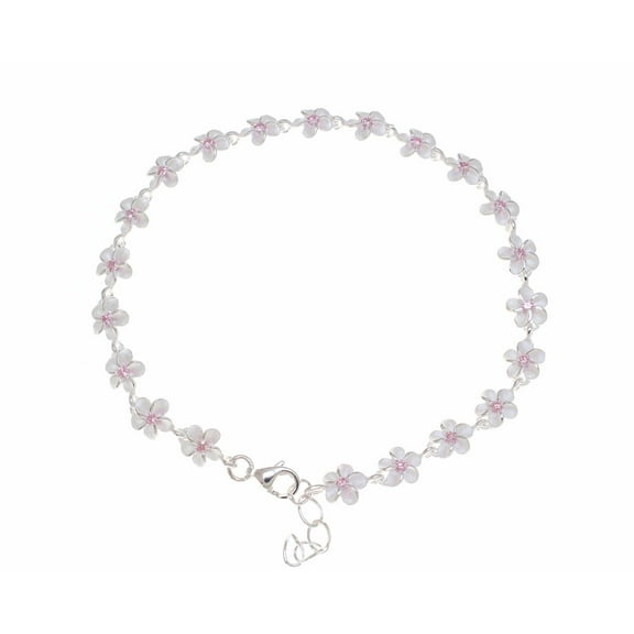 925 sterling silver Hawaiian plumeria flower link pink cz 6mm bracelet 7"