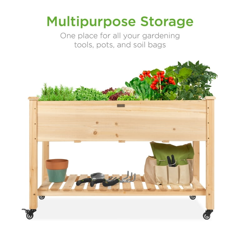Best Choice Products Raised Garden Bed 48x24x32in Mobile Elevated Wood Planter w/ Lockable Wheels, Storage Shelf, Liner Best Choice Products Raised Garden Bed 48x24x32in Mobile Elevated Wood Planter w/ Lockable Wheels, Storage Shelf, Liner