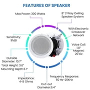 Home Theater System Kit – 2 Channel 600 Watts Bluetooth Amplifier w/ 2 QTY of 8 Framed Ceiling Speakers 300 W Each, 50 ft Speaker Wire & Remote Ideal for Home, Office, Restaurant by Technical Pro
