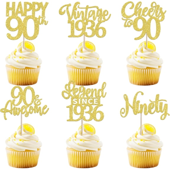 90th Birthday Cupcake Toppers - Gold Glitter Picks for 90th Birthday Party Decorations, Pack of 12