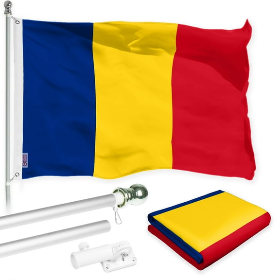 G128 Combo Pack: 6 Ft Tangle Free Spinning Flagpole (Silver) & Romania Flag 3x5 Ft Printed 150D Polyester, Brass Grommets (Flag Included) Aluminum Flag Pole