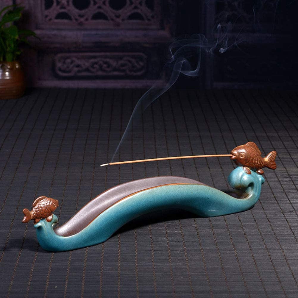 Cute Incense Holder Fish, Ceramic Incense Stick Holder Double Incense Burner, Funny Long Incense Ash Tray for Home Decoration, Yoga. Meditation, Tea