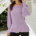 thumbnail image 2 of Shirts For Women Tees Tops Elegant Solid Ribbed Knit Long Puffed Sleeves Ruffle Hem Slim Fashion Clothing, 2 of 5