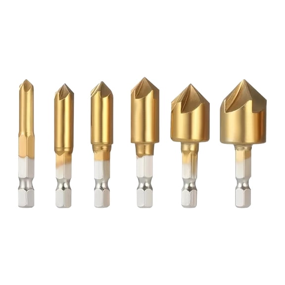 Countersink Drill Bit Set 6Pcs Titanium Coated Chamfer Bits with Hex Shank, 90-Degree 5-Flute Woodworking Metal Drilling Tool Kit for DIY Furniture Repair, Imperial Sizes 1/4 to 3/4 Inch