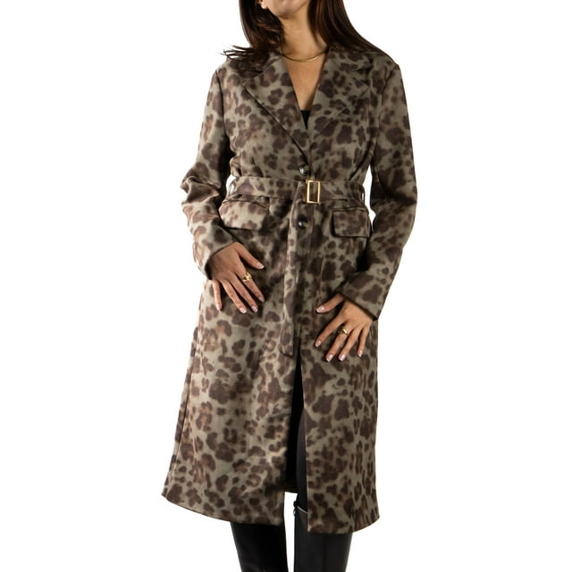 Jess by Meiko Abrigos para Mujer Ante Sintético Estampado de Leopardo Abrigo Trench con Cinturón S Verde Claro