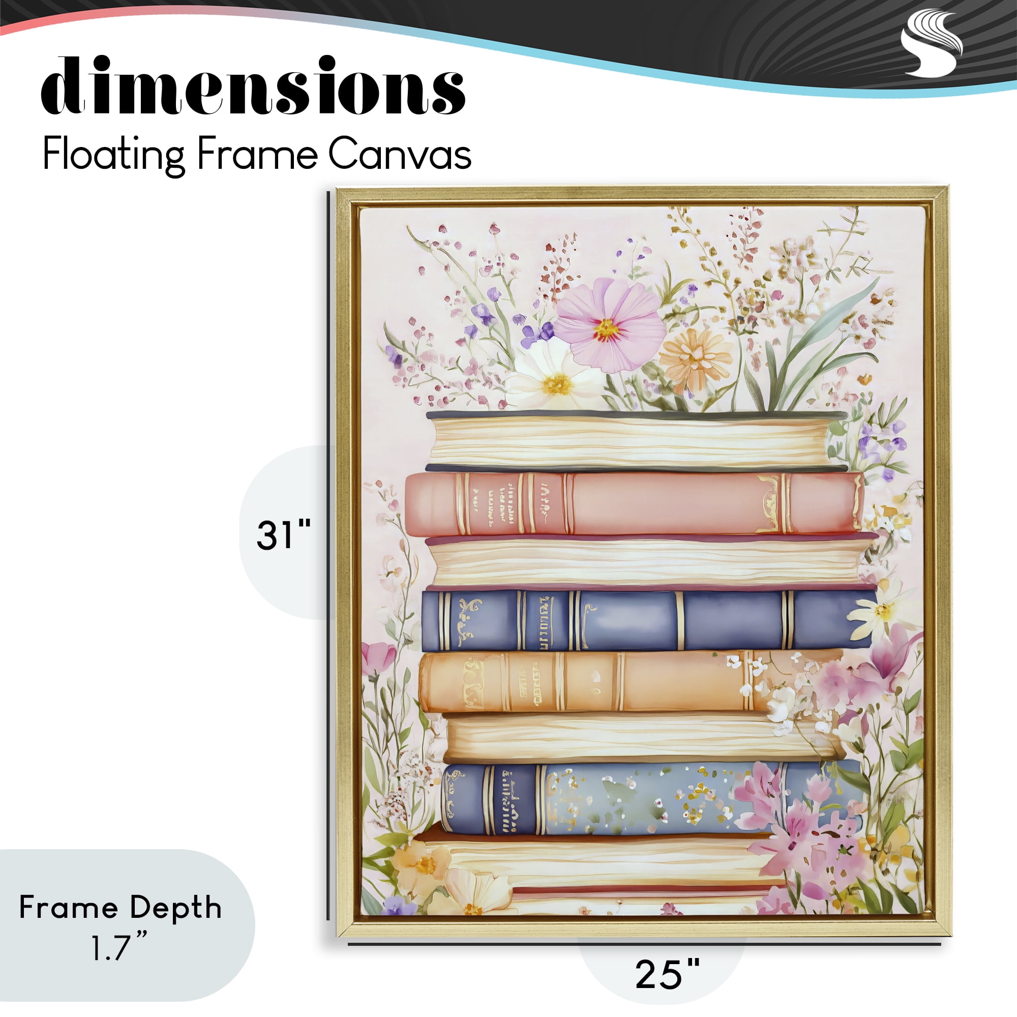 Stupell Industries Blooming Bookstack in Pastels Gold Framed Floater Canvas Wall Art, design by LSR Design Studio