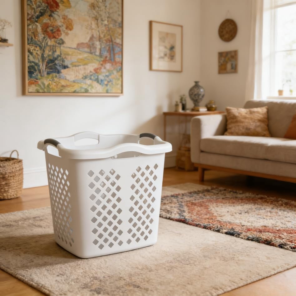 2-bushel capacity laundry baskets with silver handles, white, 2-PACK