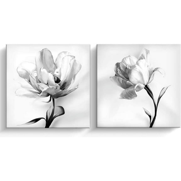 2 Panel Black And White Canvas Wall Art White Flower Rose Nordic Canvas Prints Painting Wall Decor for Living Room Wooden Framed Home Decorations - 12"x12" (White Flower, 12 x 12 2pcs)
