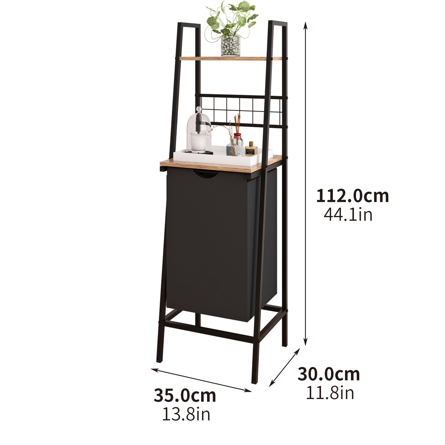 LENLN Black Metal Frame Bathroom Storage Rack with Laundry Hamper & Open Shelves - Space - Saving Multi - Layer Shelf for Bathroom Organization