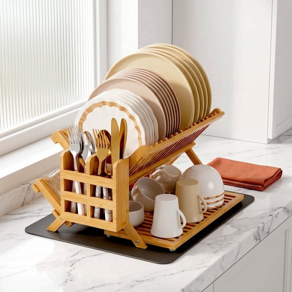 Bamboo Dish Drying Rack with Utensil Holder, 3 Tier Collapsible Dish Rack, Wooden Dish Racks for Kitchen Counter, Large Folding Drying Holder with Absorbent Dish Drying Mat