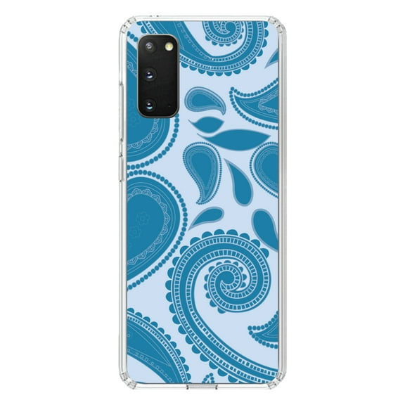 DistinctInk Clear Shockproof Hybrid Case for Galaxy S20 / S20 5G (6.2" Screen) - TPU Bumper, Acrylic Back, Tempered Glass Screen Protector - Big Blue Paisley
