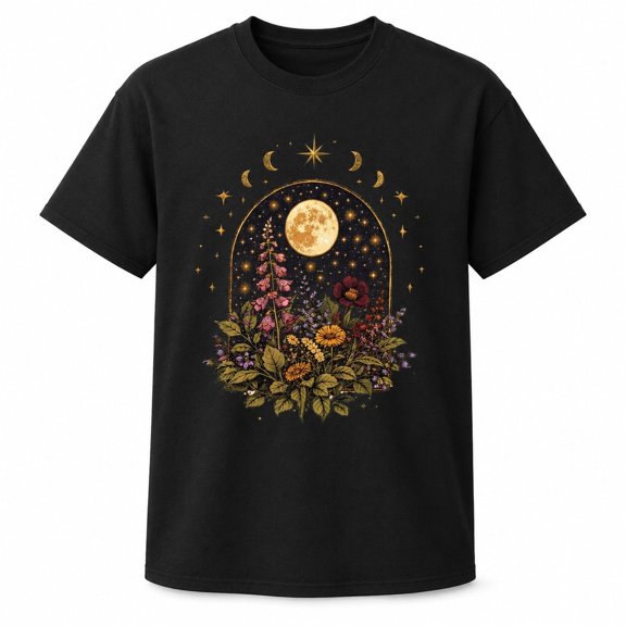 Celestial Moon Floral Graphic T-Shirt, Unisex Classic Fit Boho Tee