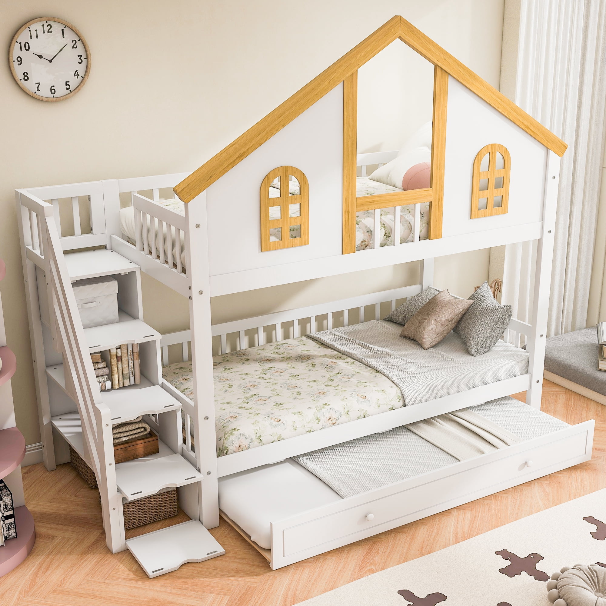 Euroco Wood Twin over Twin Bunk Bed with Trundle, House Bed with Storage Staircase, White