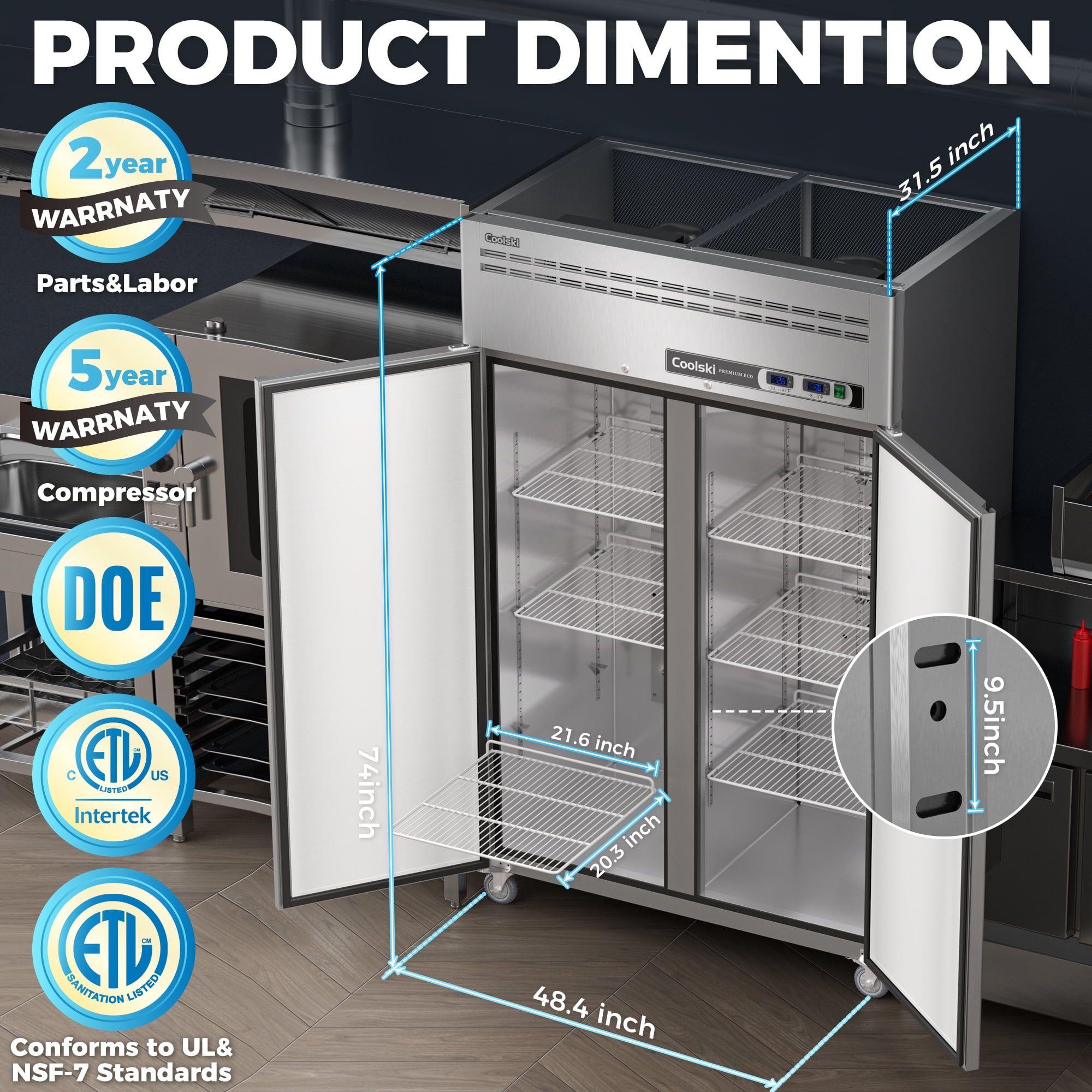 Coolski 48" Upright Refrigerator Freezer Combo, 36 Cu.ft 2-Door Cooling Appliance for Restaurants