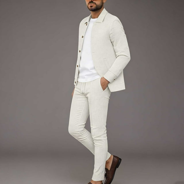 Ceisia Men's Slim Fit Waffle Knit 2-Piece Set Long Sleeve Button-Down Jacket with Elastic Waist Drawstring Pants Gifts