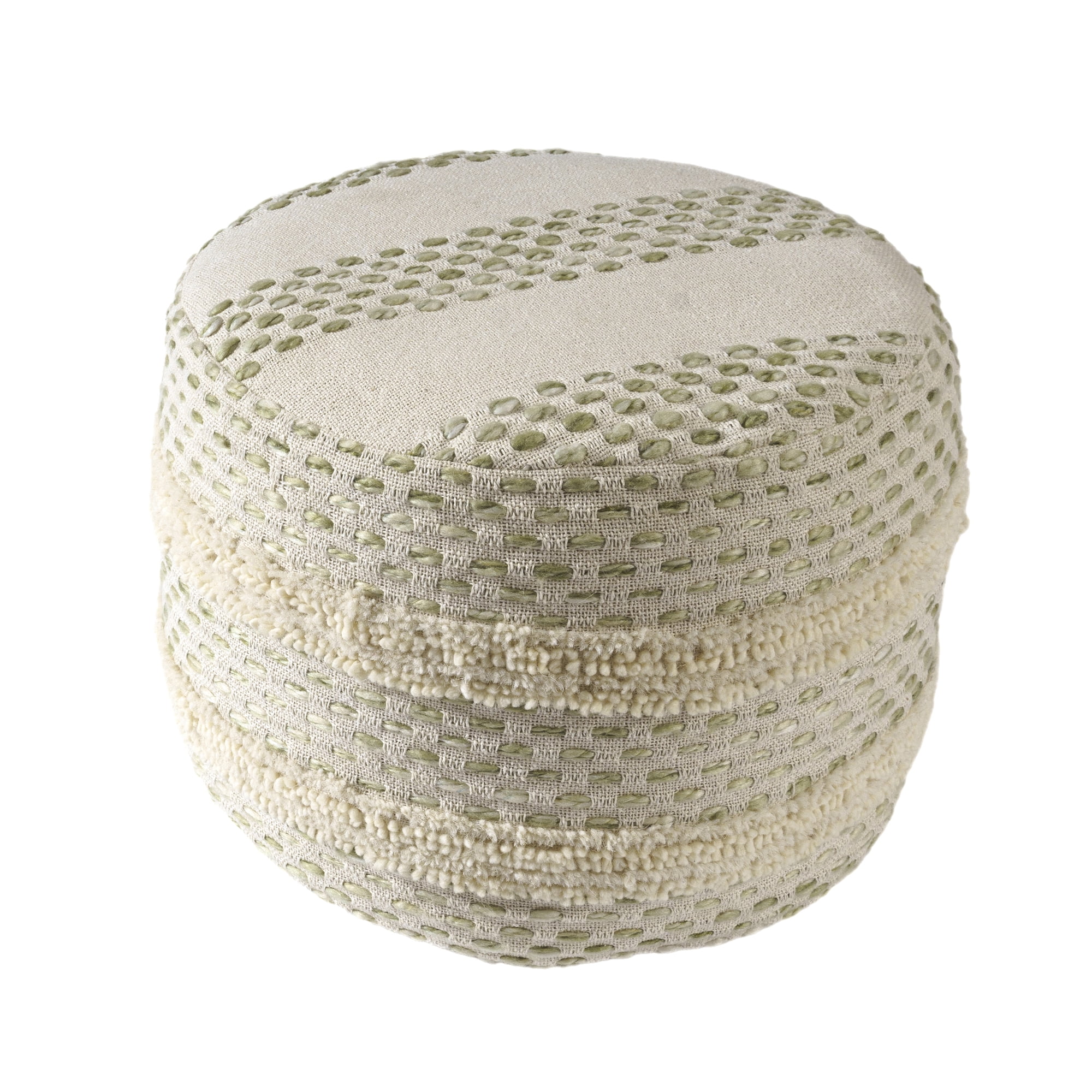Ox Bay Amadeus Striped Farmhouse Cotton Ultra-Soft Indoor Ottoman Pouf, White/ Sage, 18" x 18" x 14"