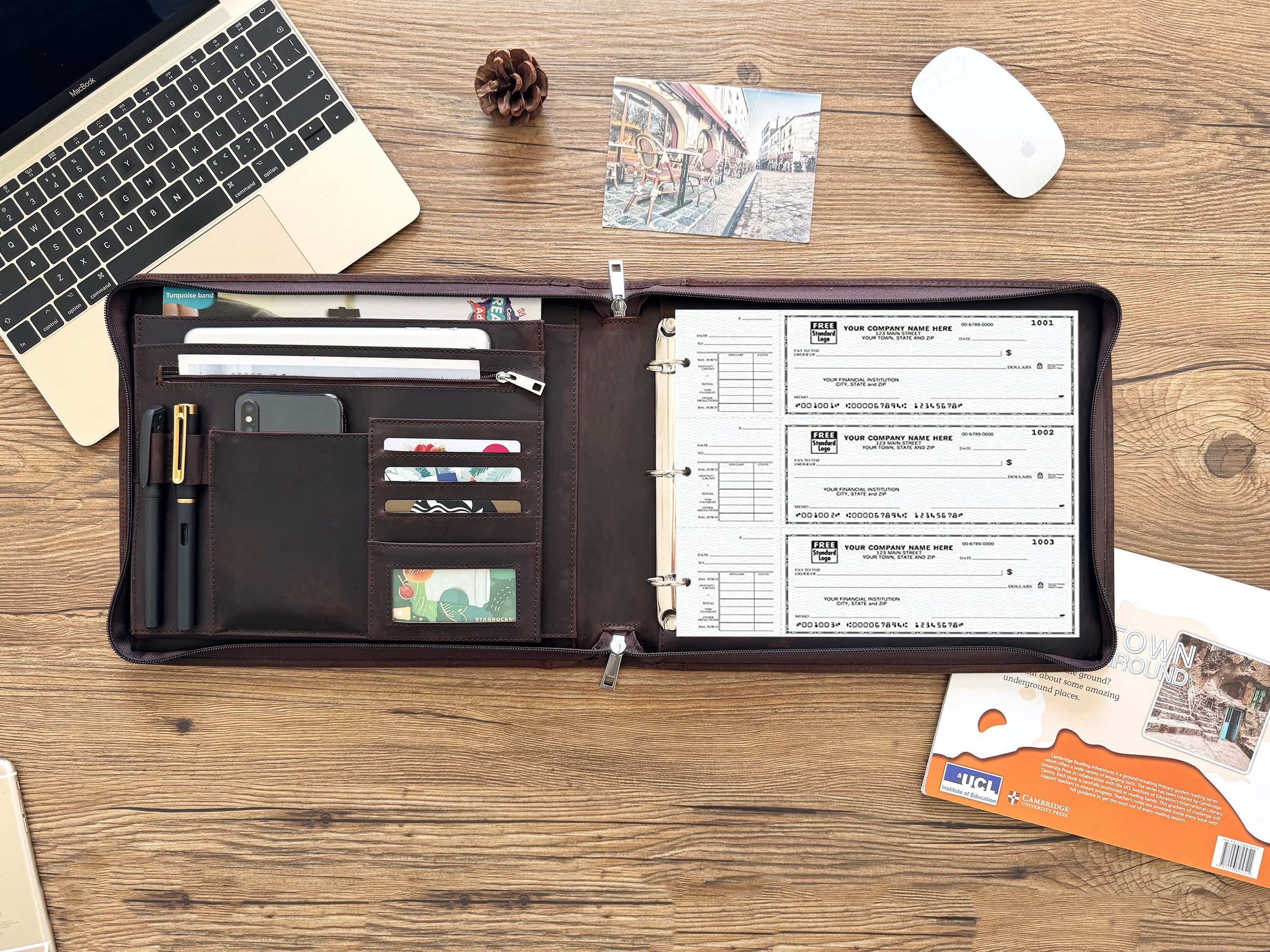Business 3 Ring Check Binder, Genuine Leather Check Book Portfolio for 3 Holes or 9 Holes Checks, Check Book Binder for 11 1/4"x9", Crazy Horse Leather (Dark Brown)