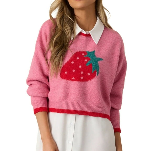 BOOMNY Women's Sweaters Long Sleeve Sweaters for Women Strawberry Embroidery Crewneck Warm Knit Pullover Trendy Tops 2025 Fall Winter Knitwear