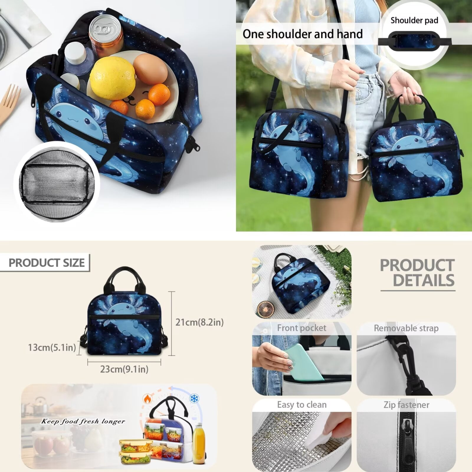 Pzuqiu Blue Galaxy Axolotl Backpack for Boys Girls Back to School Shoulder Bookbags,4 PCS Insulated Lunch Box Pencil Case 17 Inch Girls Schoolbag for Middle School Rucksack