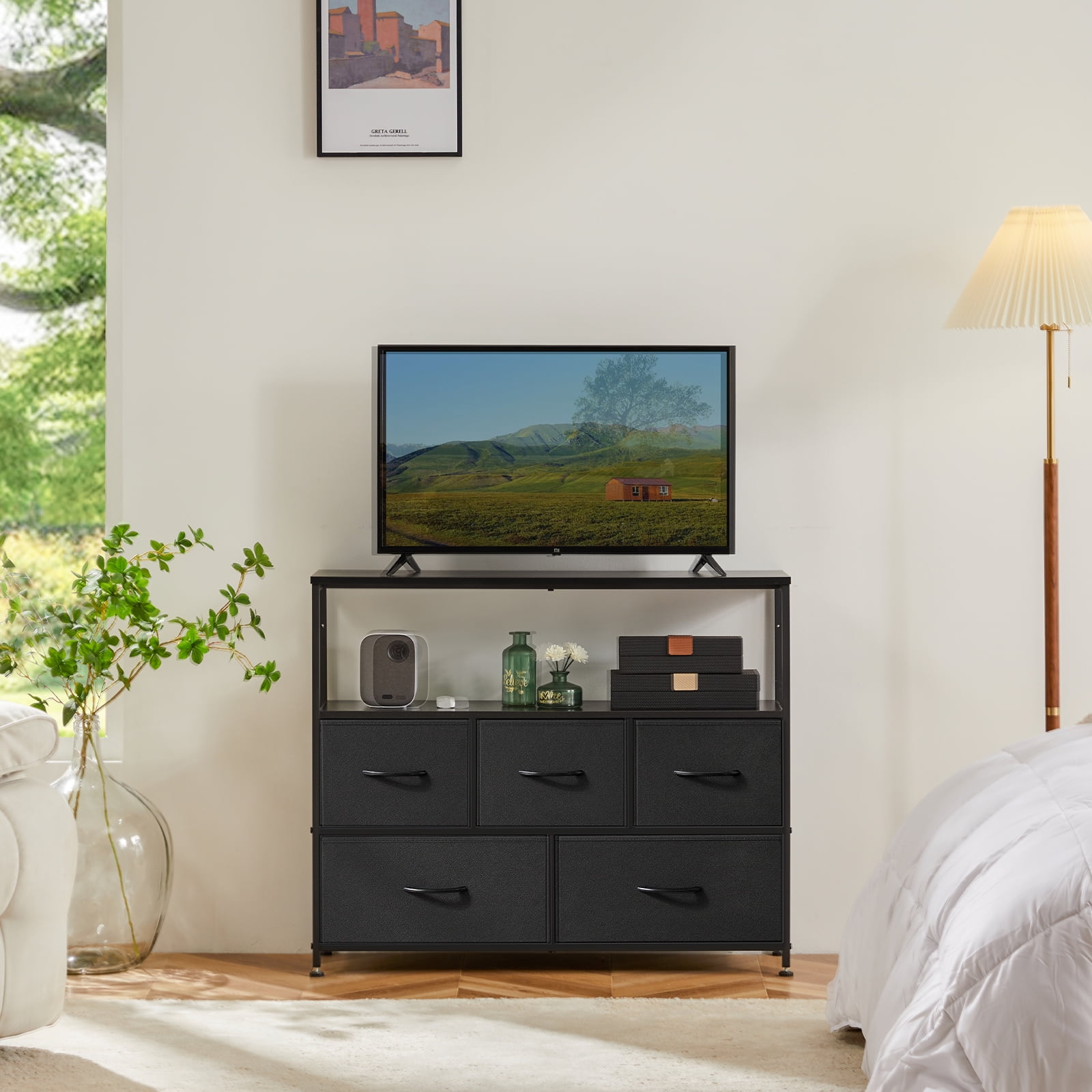CONCETTA TV Stand Dresser with 5 Fabric Drawers and Open Shelving, Multi-functional Storage Unit Fits TV up to 45 inches for Bedroom Living Room Hallway, Black