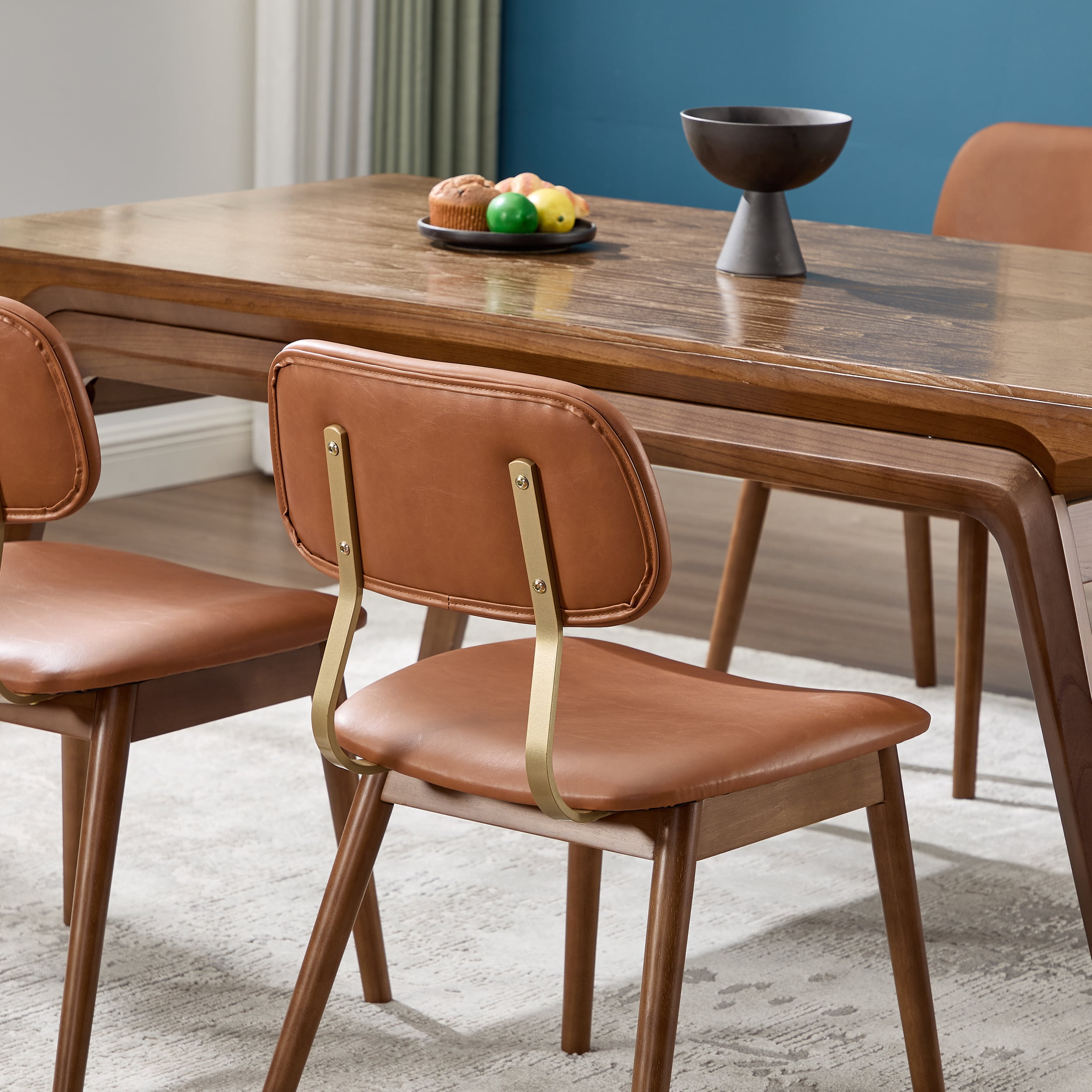Garitin Dining Chair Set of 2 and Wooden Side Chairs, Vinyl Upholstered Seating with Curved Backrest for Kitchen and Dining Room, Brown