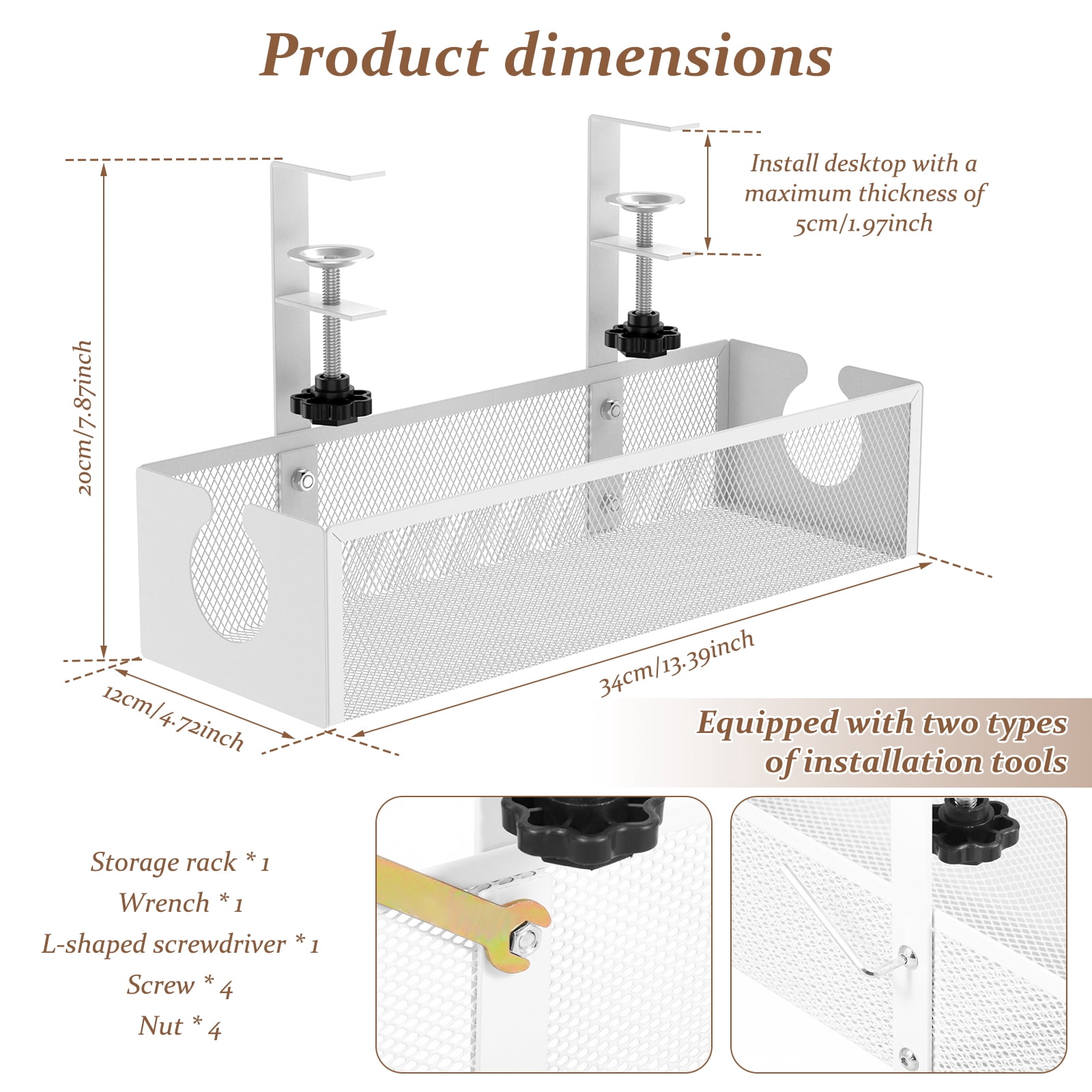 Austok Under Desk Cable Management 13.39" Cable Management Box for Table Thickness up to 1.97" Wire Cord Organizer with Clamp No Drill