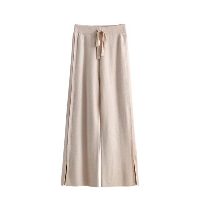 Timegard Wide Leg Pants for Women Elastic High Waist Drawstring Side Split Knit Comfy Lounge Trousers