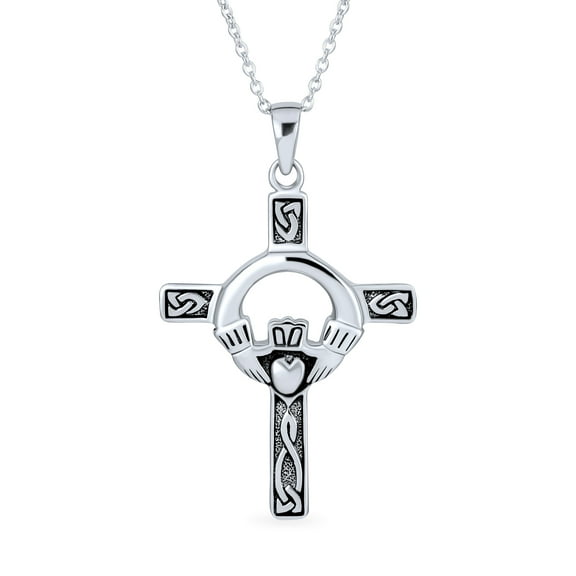 Bling Jewelry Womens Irish Celtic Knot Claddagh Cross Pendant Necklace in Oxidized Sterling Silver