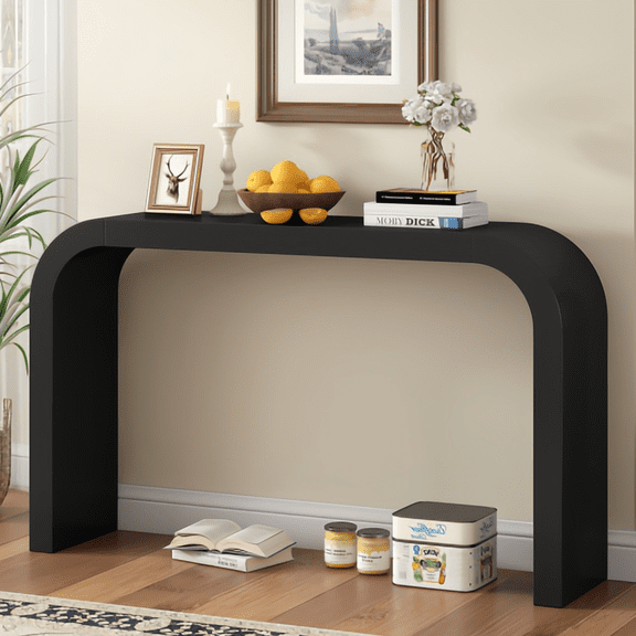 Kevinplus 52" Wood Console Table with Curved Edge for Entryways and Living Rooms，Black