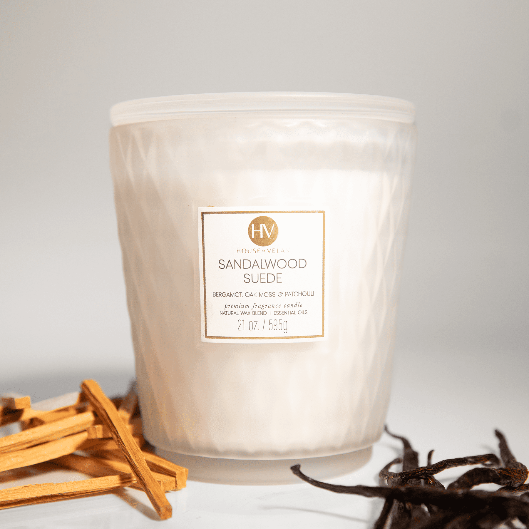 House of Velas Diamante Candle Collection, 21 oz, 3 Cotton Wicks, Sandalwood Suede, Large Glass Jar
