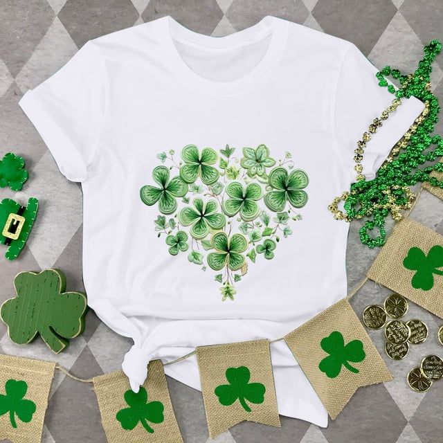 T-shirts de la Saint-Patrick pour Femmes, Col Rond, Manches Courtes, Imprimé Arbre de Noël