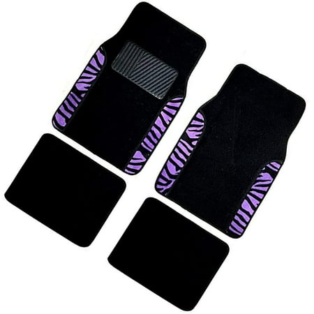 A Set of 4 Universal Fit Plush Carpet with Animal Print Floor Mats for Cars/Trucks (Purple Zebra)