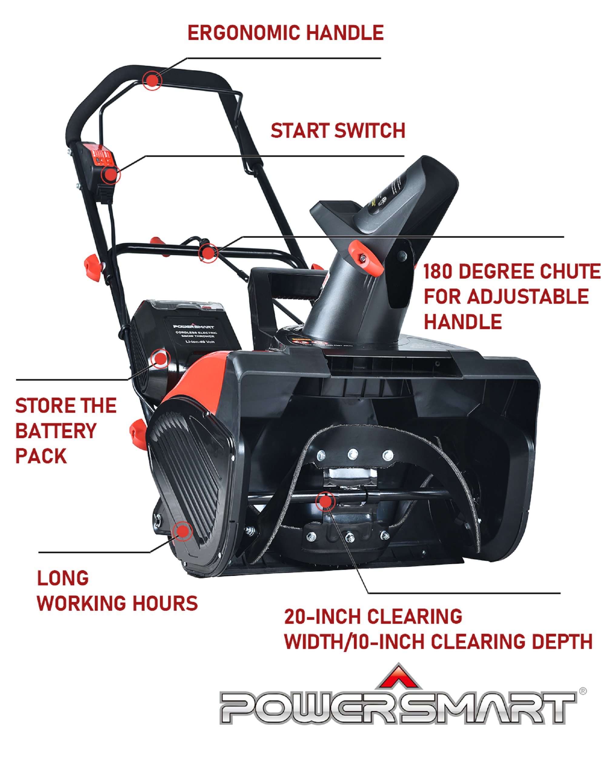 Powersmart 18 in. Cordless Lithium-Ion 40 Volt Snow Blower DB2401 - image 3 of 12