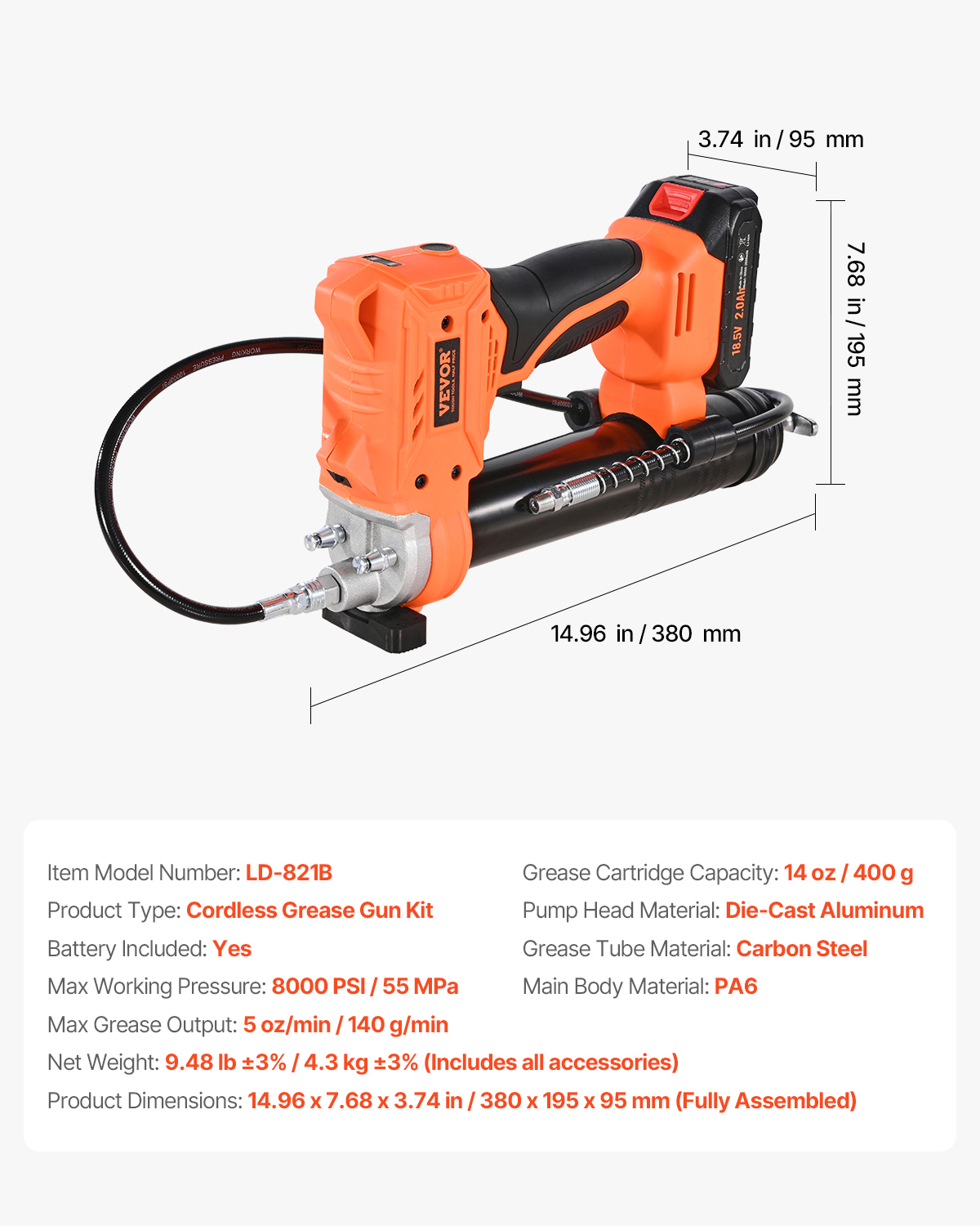 VEVOR Cordless Grease Gun, 8000 PSI Max Pressure, 20V Electric Grease Gun with 2.0 Ah Battery & LED Light, 35.4-inch Long Hose & Carrying Case,Variable Speed Triggers,Vehicles or Machines Greasing